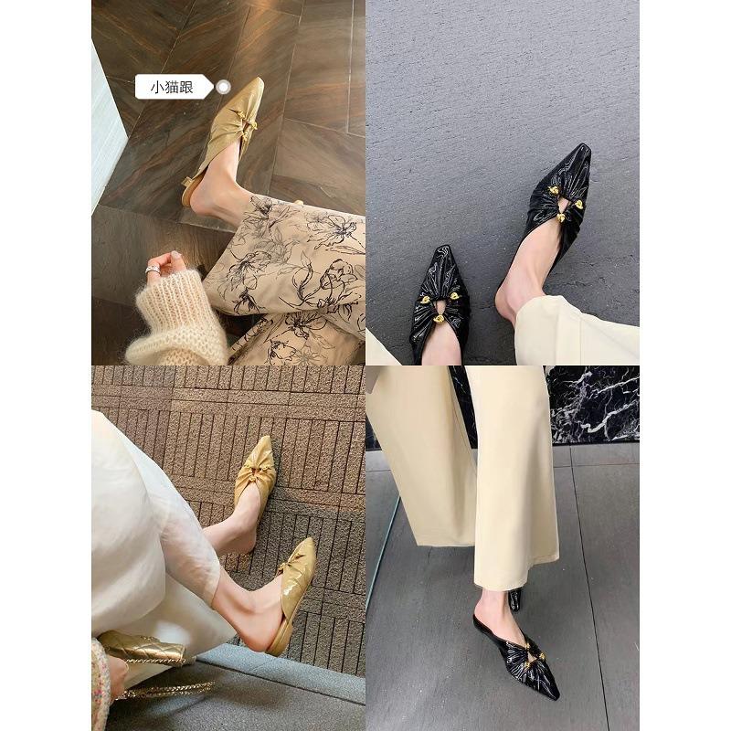 Sheepskin version triangular buckle cool slippers women's hollow pointed tip pleated baotou half slippers