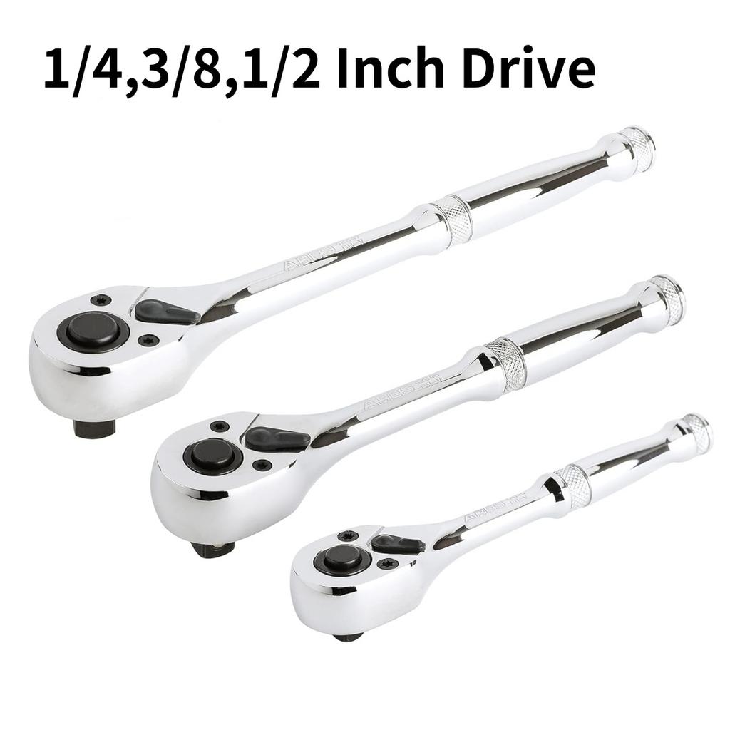 Quick-Release Ratchet Set with Teardrop Head, Full-Polished Chrome Solid Handle, 1/4, 3/8, 1/2-Inch