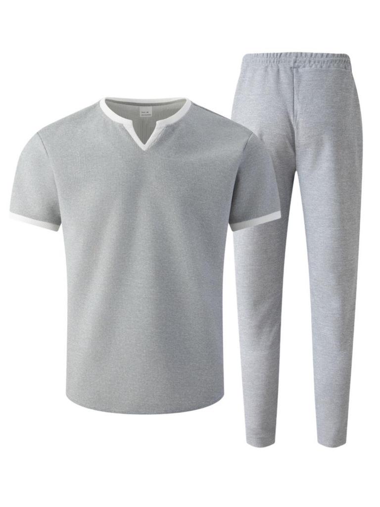 V-neck Waffle Short-Sleeve T-shirt & Long Pants Men's Streetwear Sports Set