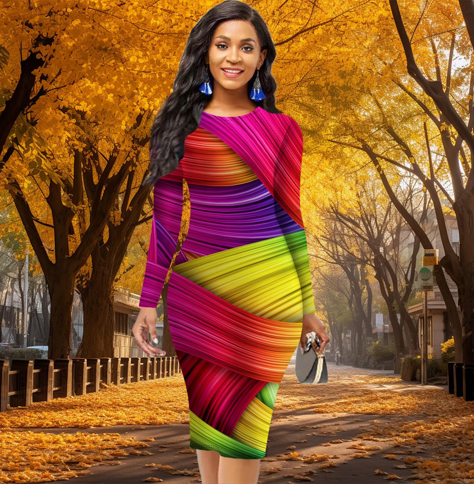 

Long Sleeve Waist Tight Office Slim Fit Beautiful Lines Vortex Printing Elegant Bodycon Dress 8XL рожевий