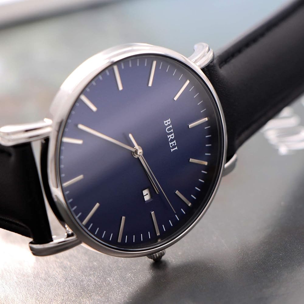 BUREI Men's Analog Watch Leather Waterproof Simple Business Date Quartz White Black Stylish Slim Watch