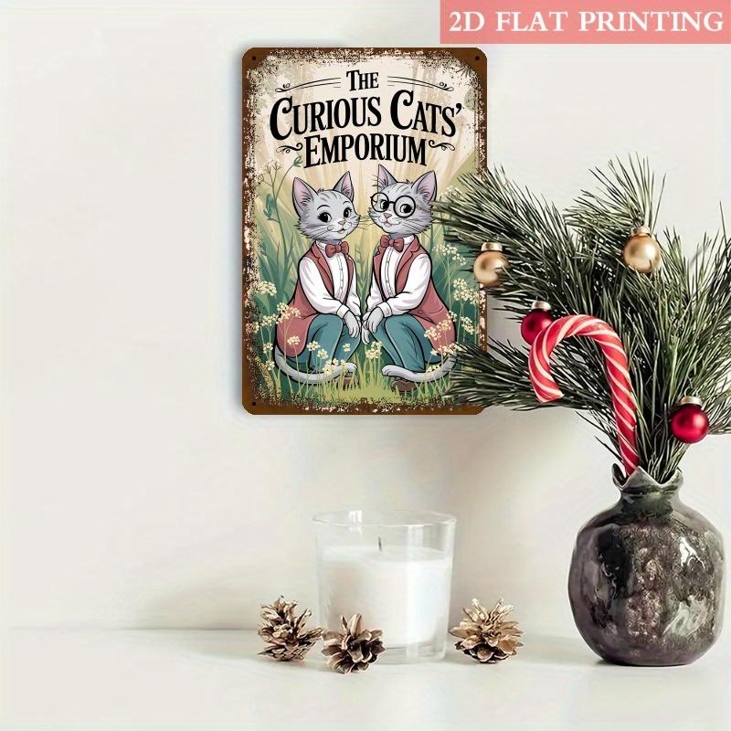 1pc Curious Cats Emporium Metal Sign - 8x12 Inch Iron Wall Decor with Whimsical Garden Design, Vintage-Inspired Cat Illustration
