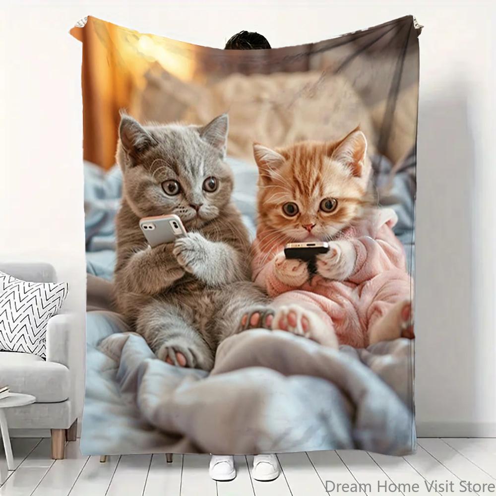1pc Warm Kitten Thin Blanket Flannel Throw Blanket for Sofa, Bed, Travel, Camping, Livingroom, Office, Couch, Chair, And Bed