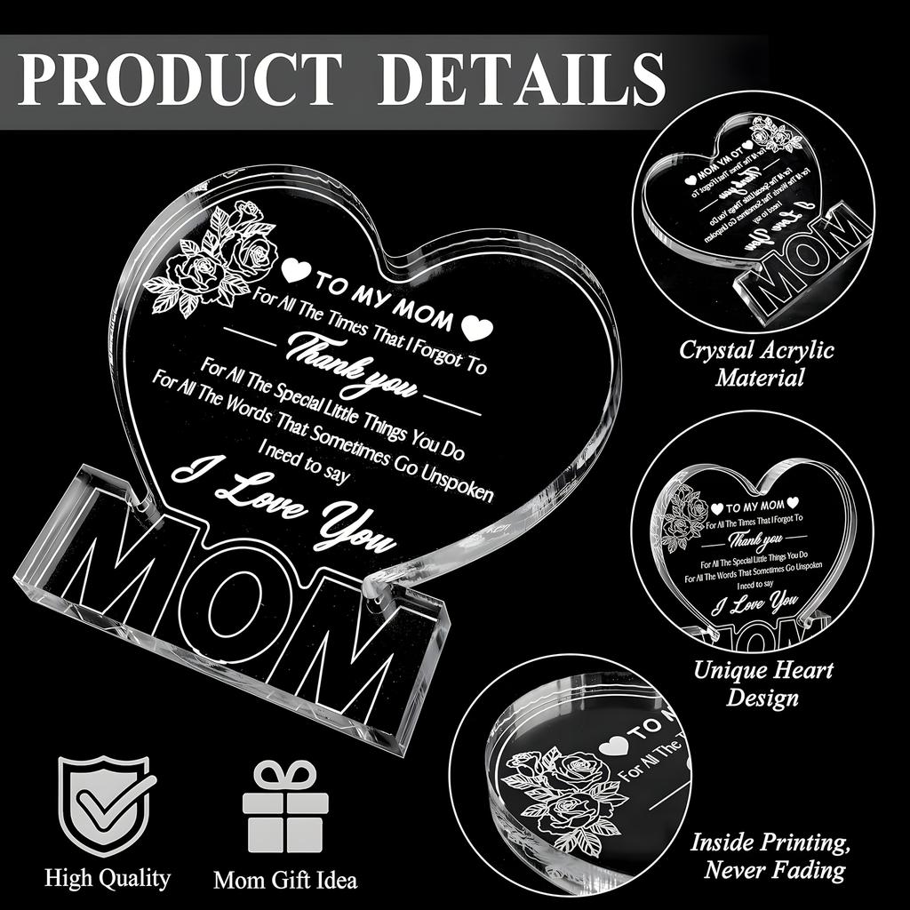 Heartfelt Acrylic Heart-Shaped Plaque for Mom - Engraved with Loving Message, Rose Design, Perfect Gift for Mother'S Day, Valentine'S 