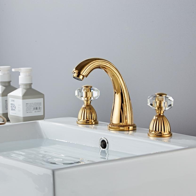 

Смесители для раковины, золотой латунный современный смеситель для ванной комнаты, двойной, с ручкой-сверлом, 3 отверстия, смесители для ванной комнаты, краны XR8260 золотой