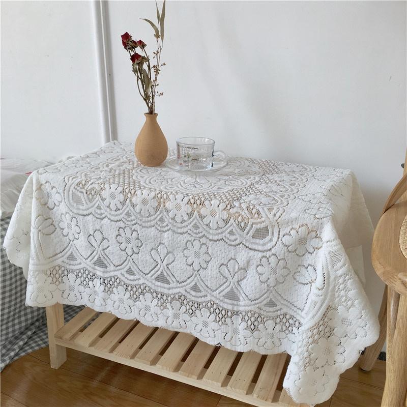 1pc Simple Lace Tablecloth Home Decoration White Chiffon Knitting Cafe Restaurant Background Cloth Decorative Cloth Non-slip French Style Tablecloth