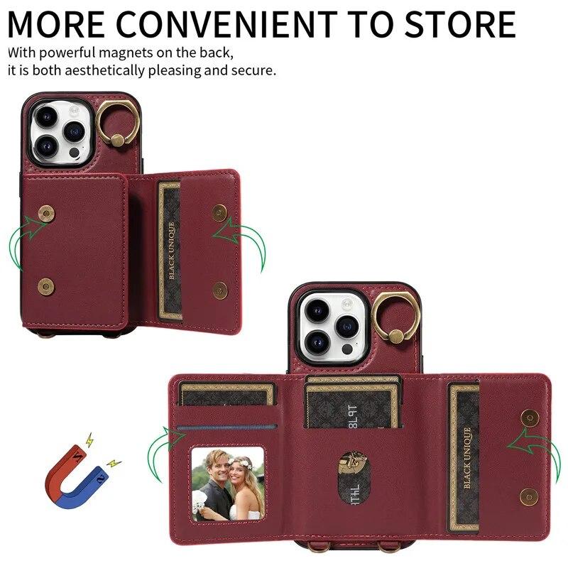 Ring Lanyard Leder Brieftasche Fall für iPhone 15 Pro Max 14 Plus 13 Pro 12 Samsung Galaxy S24 Ultra S23 S22 21 FE A25 A15 A54 A34 A14 Flip Telefon Abdeckung