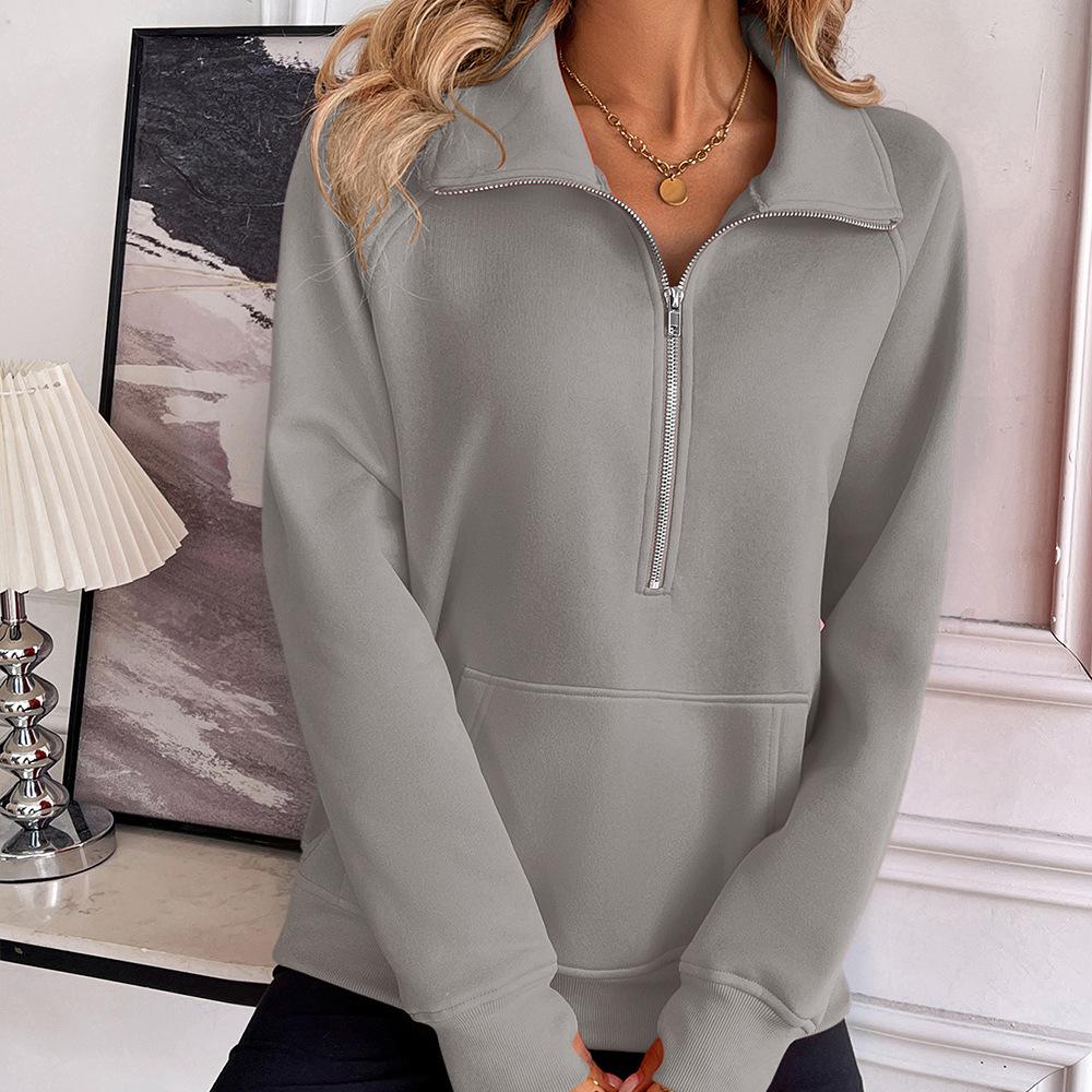 Autumn Winter Women's Lapel Zip Pullover Long Sleeve Casual Pocket Solid Hoodie Top for Women