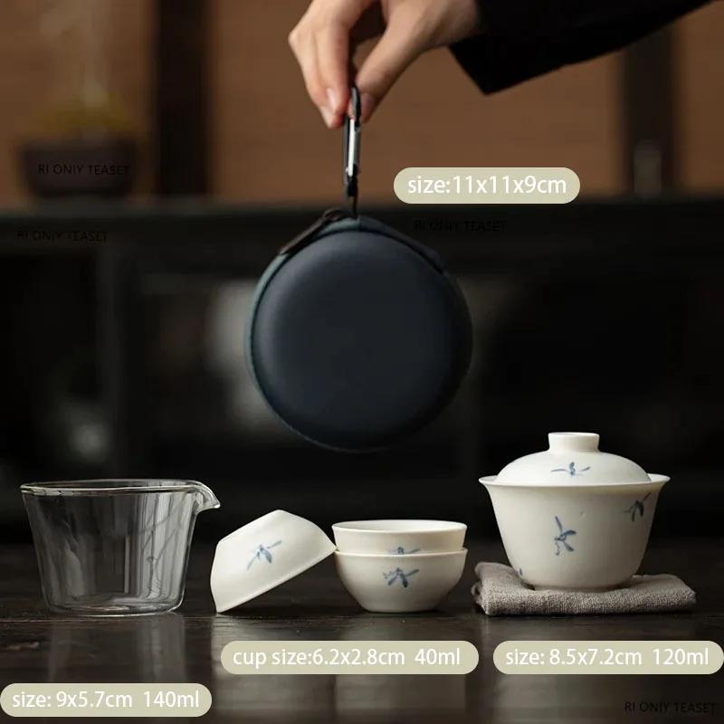 

Chinese Portable Travel Ceramic Tea Set Hand-painted Orchid Gaiwan Teacup Set Glass Fair Cup Beauty Tea Infuser Handmade Teaware