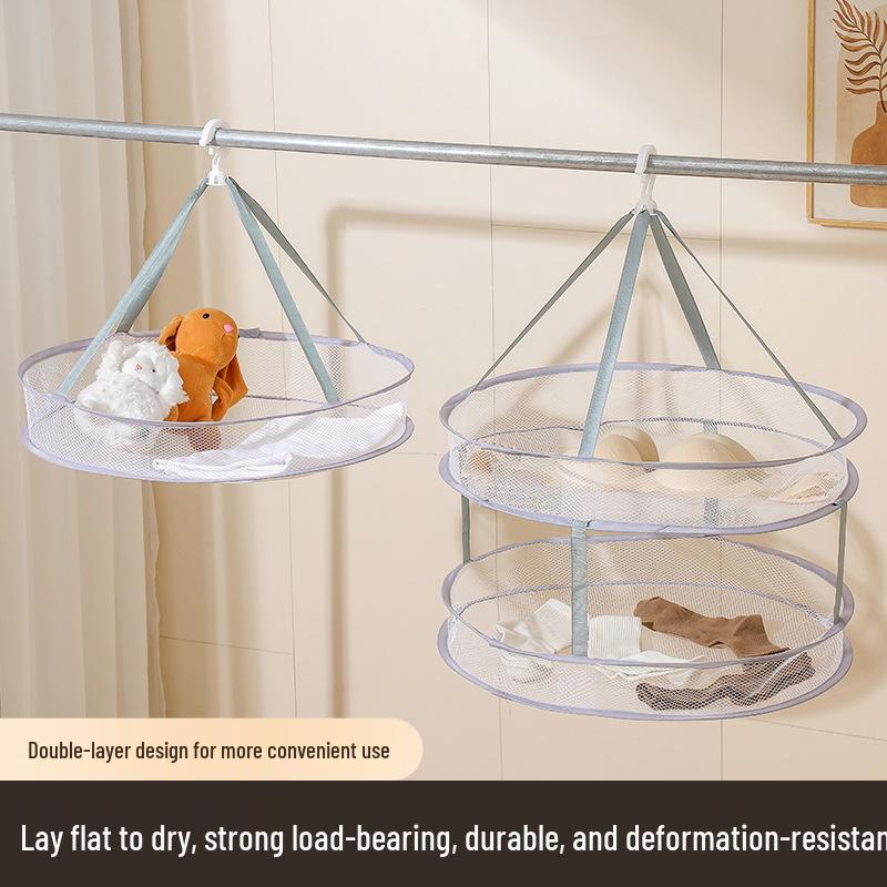Foldable Double-Layer Drying Basket for Underwear, Socks, and Sweaters - Flat Mesh Hanging Bag.