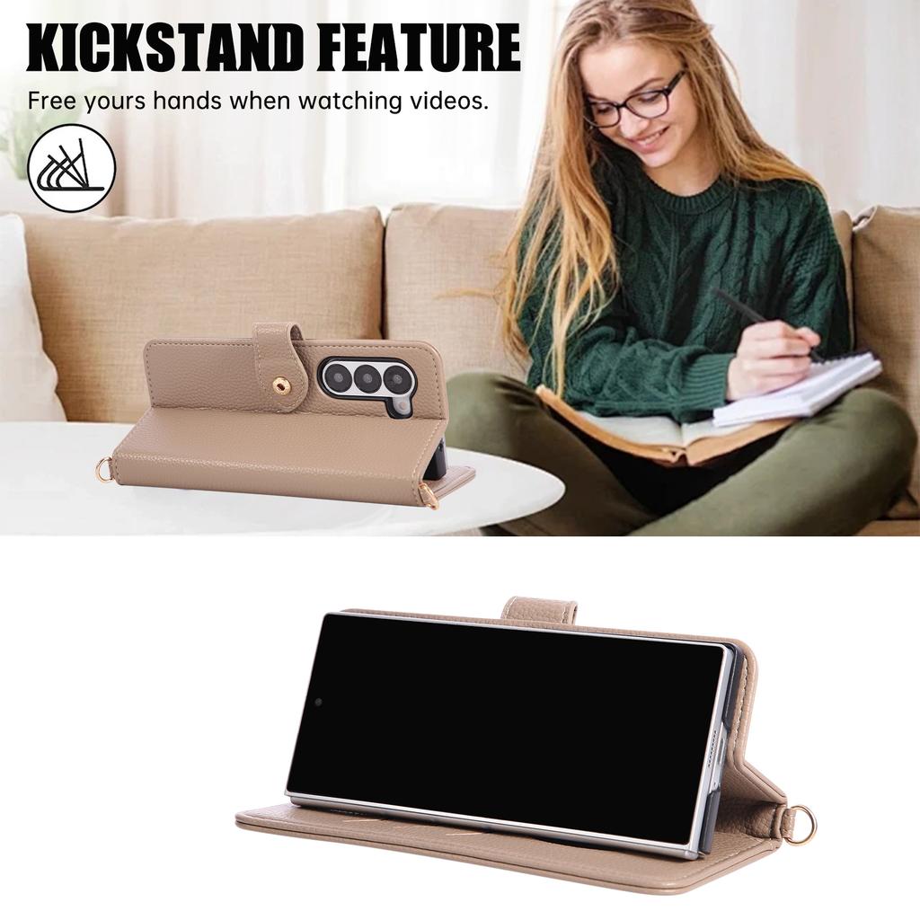 Crossbody Flip Leather Wallet Case with Mirror Card Holder Lanyard Strap Cover for Samsung Galaxy Z Fold 7 6 5 Fold7 Fold6 5G