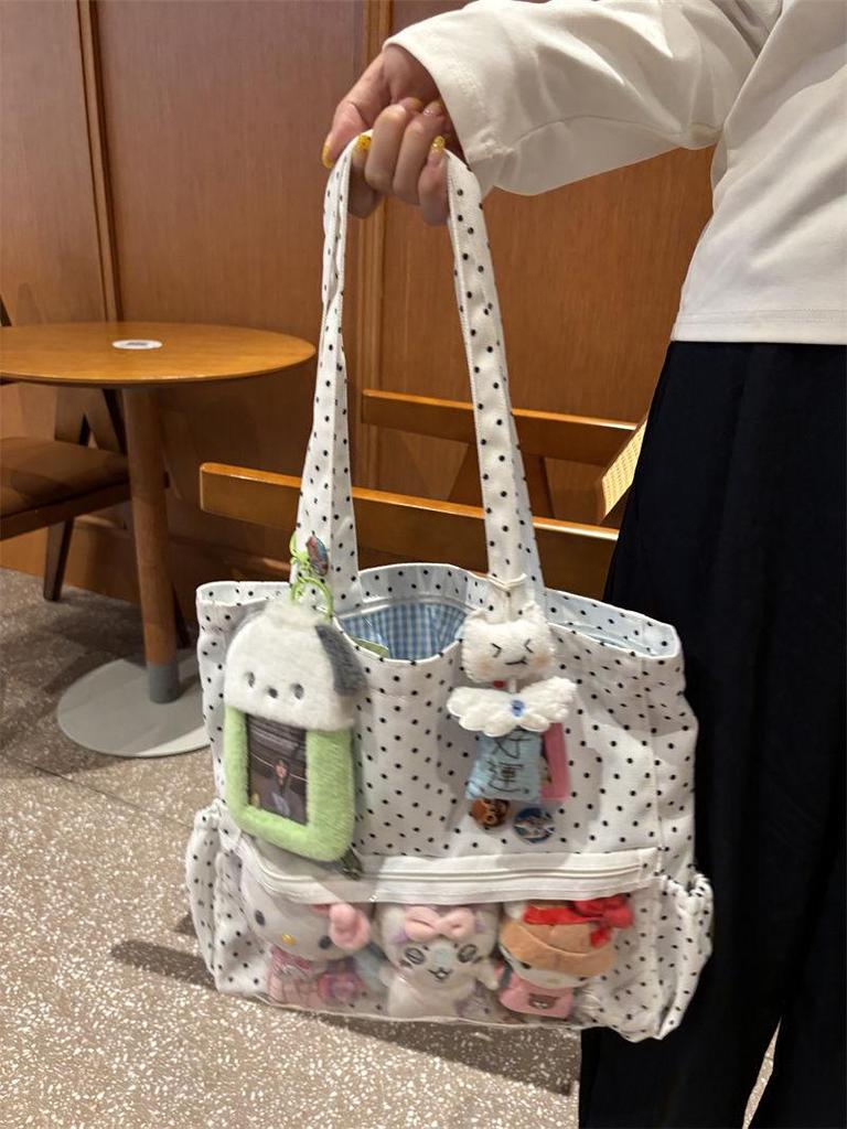 Polka Dot Anime Ita Bag: Large Capacity Canvas Tote with Versatile Shoulder Strap - Korean Style