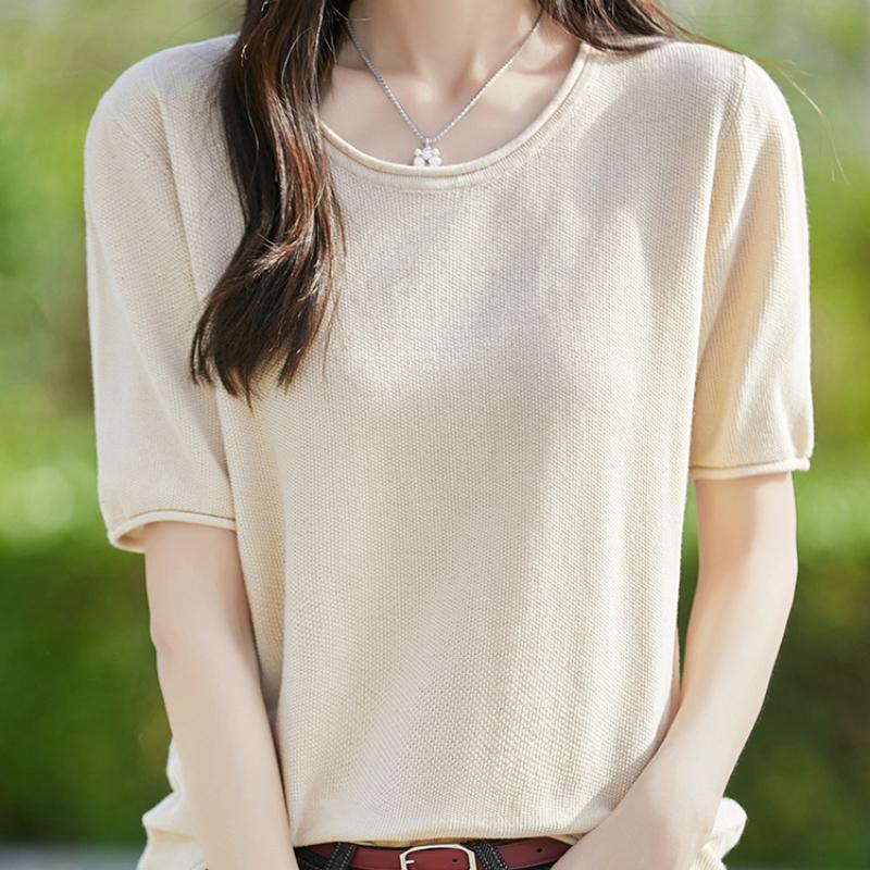 Summer Pure Cotton Rolled-up Low Round Neck Women's Short-sleeved Solid Color Casual Versatile Fresh Dry Comfortable Sweater T-shirt