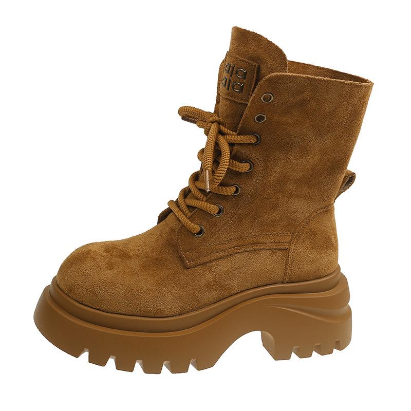 Retro Thick-soled Heightening Martin Boots for Women's 2025 Autumn and Winter New Fashionable Maillard Slim Short Boots Lace-up Rhubarb Boots