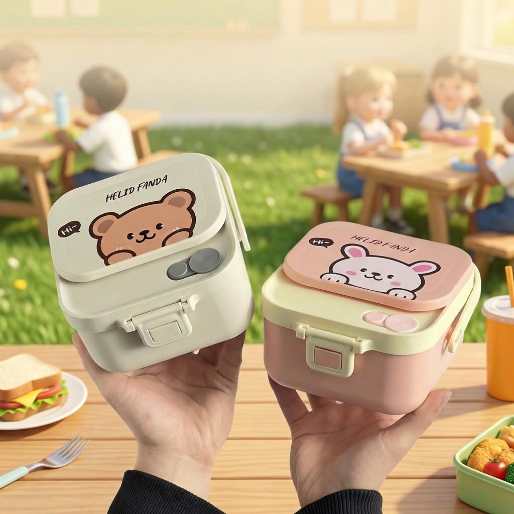 Quadratische 304 Edelstahl Bento Lunchbox mit Besteck & Griff Tragbarer Cartoon Obstsalat Lebensmittelbehälter für Kinder Schüler