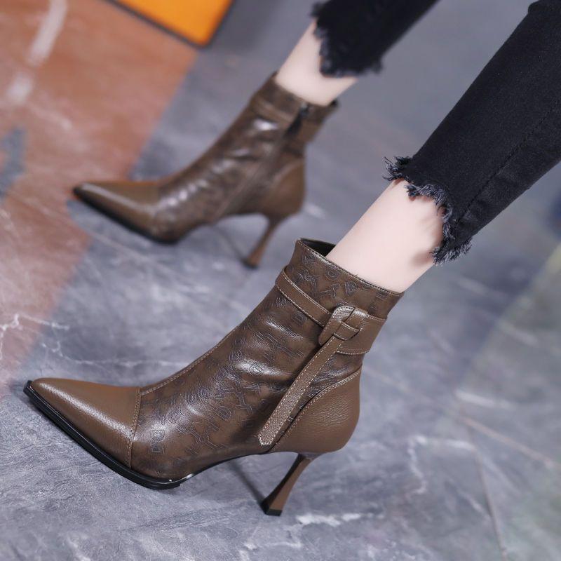 Khaki Pointed High-heeled Short Boots Women's Autumn and Winter 2025 New Design Belt Buckle Splicing Thin Heel Thin Boots