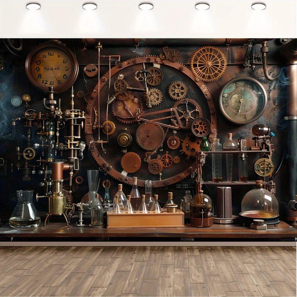 1 Stück vintage Steampunk Hintergrundstoff mit Brauereirad- und Uhrwerkdesign, geeignet für Geburtstage, Feiertage und Partys
