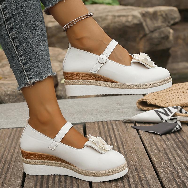 Modische weiße Mary Jane Wedges Schuhe für Damen Mode Blumendekor Espadrilles Sandalen Frau 2025 Frühling Herbst Lässige Plateau-Pumps