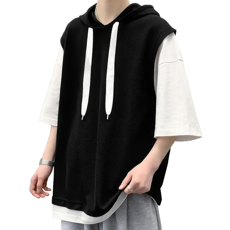 

[FLYSKY] summer clothes men s T-shirt short sleeve half sleeve hoodie Fashionable large size hooded Relaxing casual