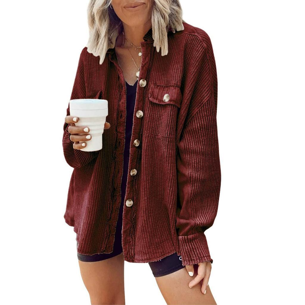 Lose Strickjacke für Damen, Puppenärmel, Patchwork, unregelmäßige Fake-Taschen-Knopfjacke