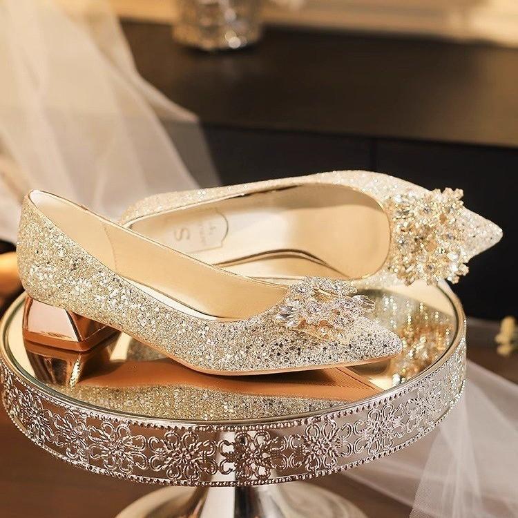 New Silver Champagne High Heels Wedding Shoes Women's French Sequins Crystal Bridesmaids Thick Heel Temperament French