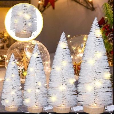 Christmas Tree Mini White Pi-ne Tree With Wood Base DIY Crafts Home Table Decor LED