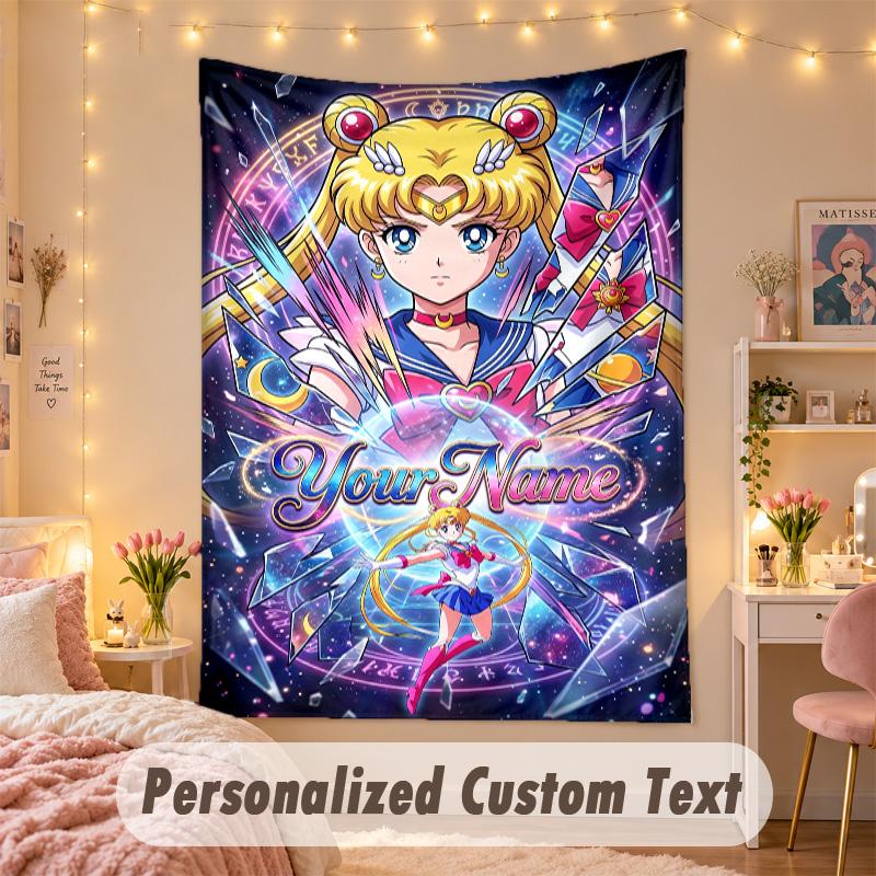 Custom Personalized Tapestry,Sailor Moon Print Custom Name Text Wall Art Hanging for Bedroom