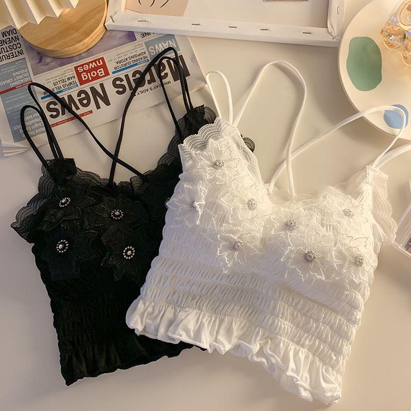 Beaded Cross Beautiful Back Camisole Vest Sexy Outer Wear With Chest Pad Ruched Tube Top Slim Lace Bandeau Underwear For Women