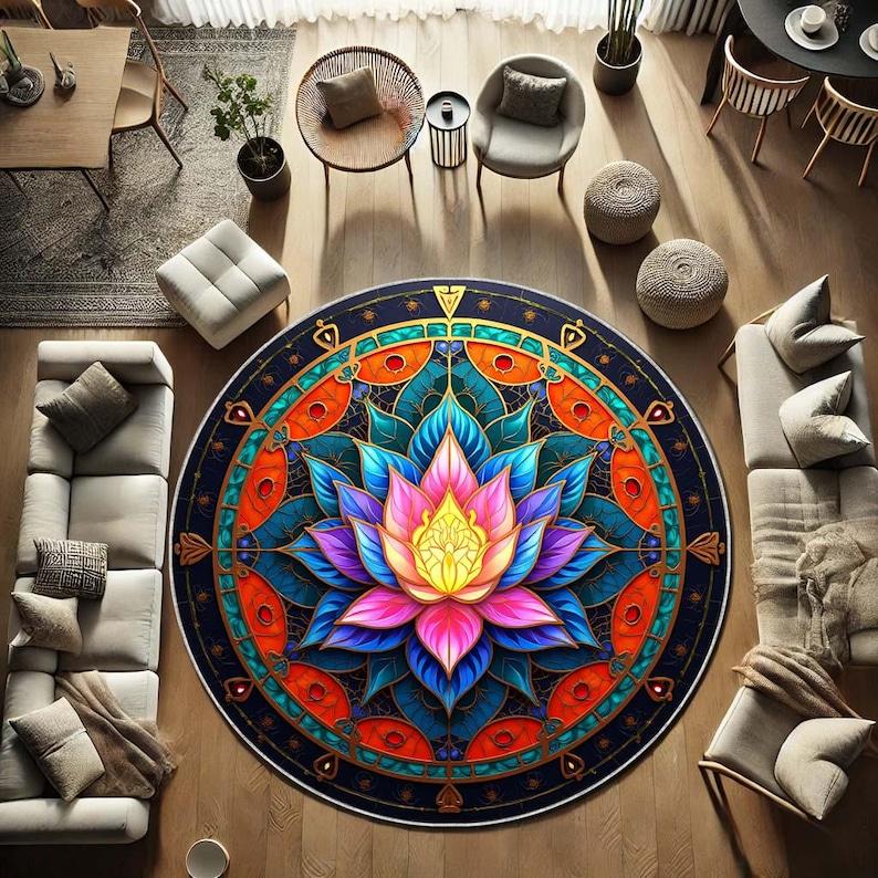 

Blue Purple Lotus Round Rug, Spiritual Boho Meditation Mat for Yoga Room, Colorful Zen Decor Carpet with Non-Slip Gift Design Diameter 100cm