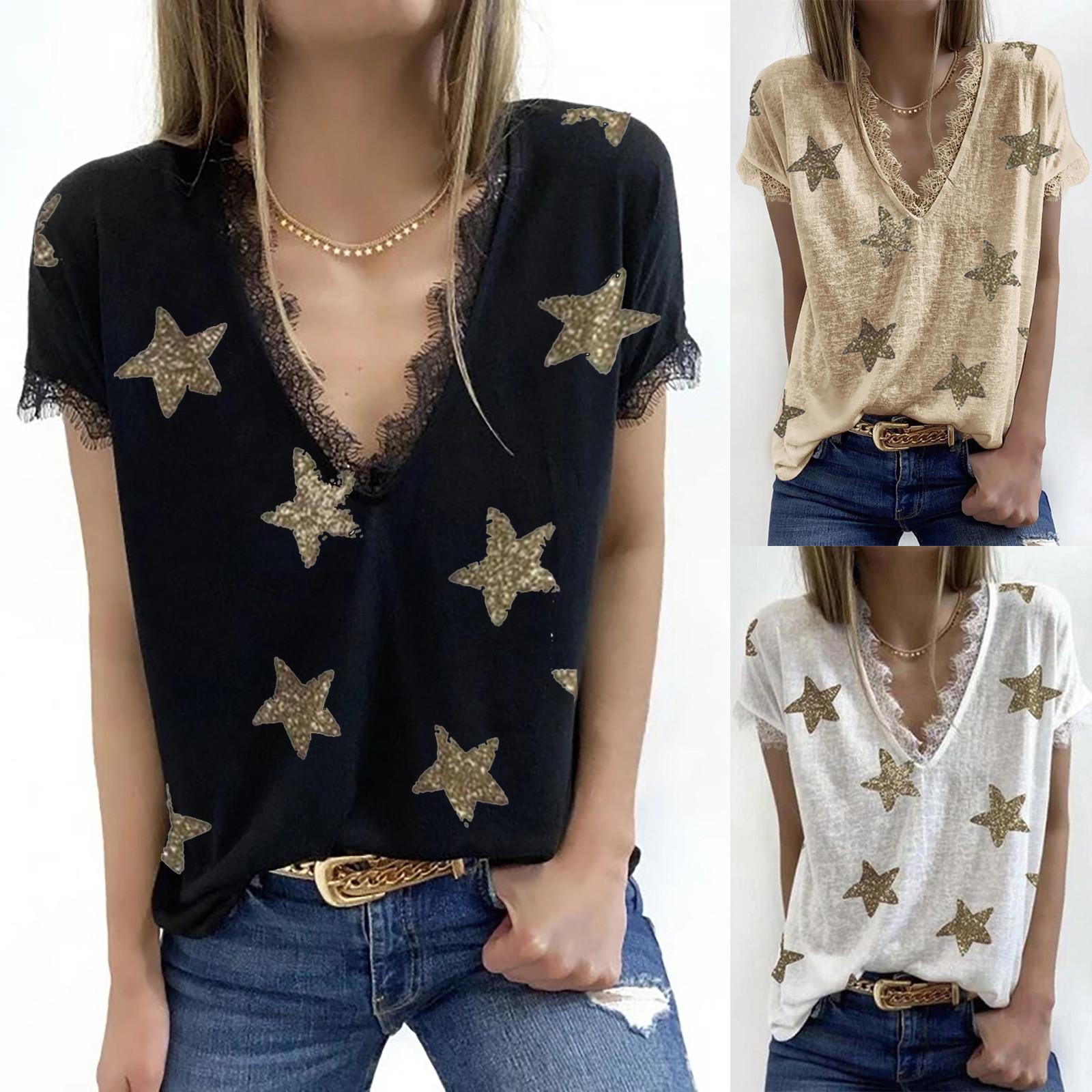 

Women Summer V-neck Star Print Short Sleeve Lace Patchwork T-Shirts Blouse