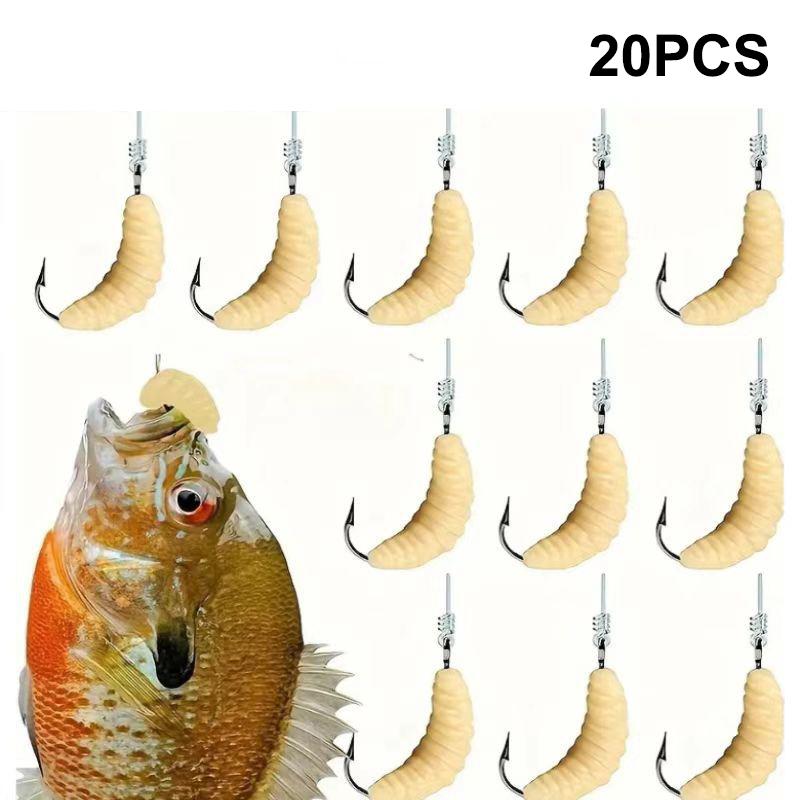 20Pcs Grub Lures Rubber Bread Worm Maggots Fishing Bait Set With Hooks For Bass Trout Crappie Bluegill Freshwater Fishing Parts