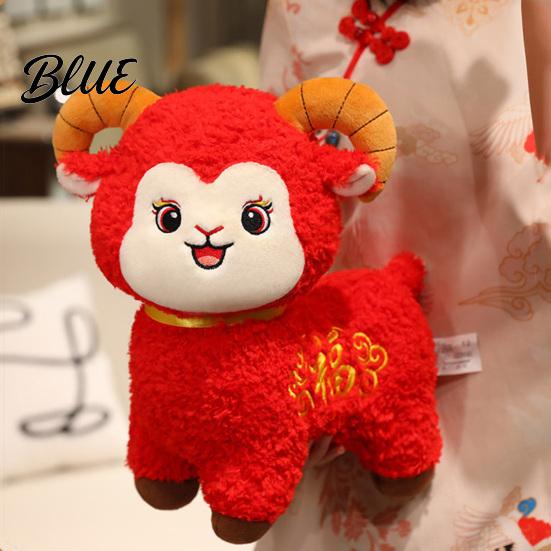 Three Dimensional Horn Toy Lucky Sheep Plush Toy Chinese New Year Zodiac Mascot with Fu Cute Collectible Embroidery Red Curly Fur Doll for