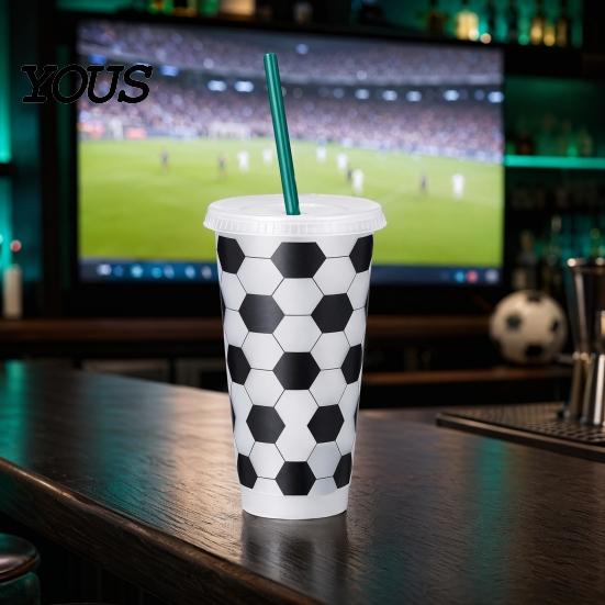 Trinkbecher Fußball Kunststoff mit Strohhalm, Fußballförmiger Kaltgetränke-Becher, Wiederverwendbar Sport 710ml Fassungsvermögen Limo für Spieltag, Fan-Party