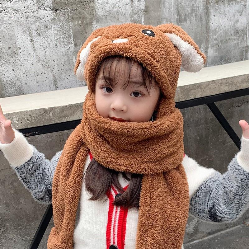 Warm Knitted Rabbit Ear Hat With Scarf Kids Women Winter Outdoor Wear Soft Fleece Lined Adjustable Hooded Beanie