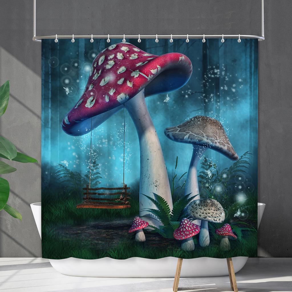 Bathroom Waterproof Curtain Digital Printing Plant Mushroom Shower Curtain Non-Punching Toilet Partition Curtain Shower Cloth