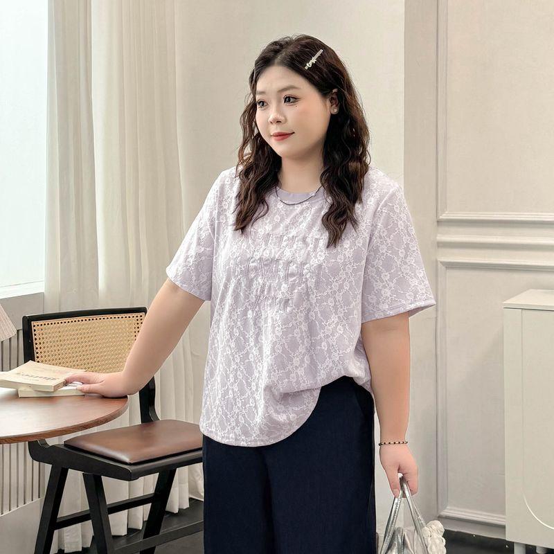 Plus size women clothing [Heavy Industry Fashion Brand T] Sweet Lace Embroidery Short sleeve T-shirt Summer Chubby Girl Loose Casual Top