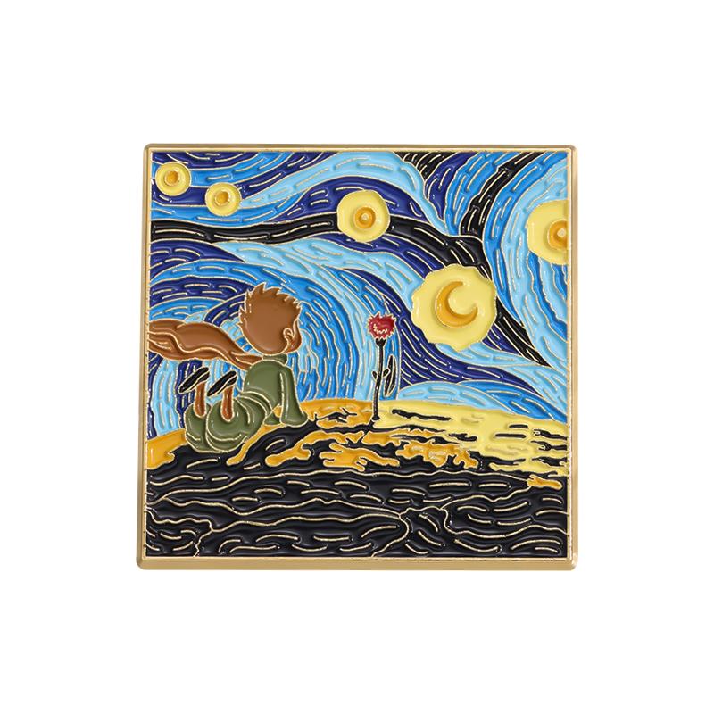 Art Oil Painting Enamel Pins Custom Night Starry Sky Brooches Lapel Badges Punk Gothic Animal Jewelry Gift for Kids Friends