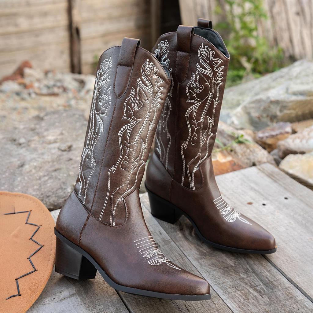 2024 Plus Size White Western High-Heeled Over-the-Knee Cowboy Boots for Women