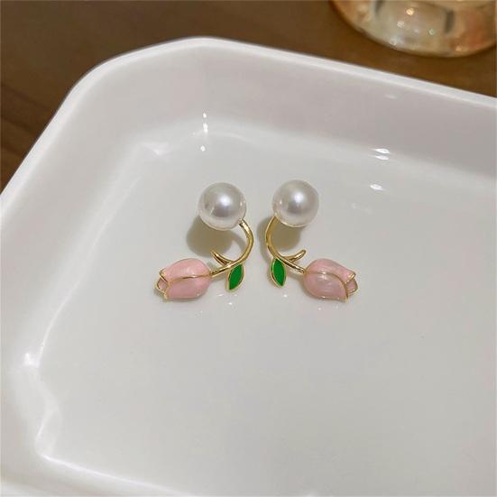 1 Pair Stud Earrings Flower Faux Pearl Jewelry Korean Style Dripping Oil Ear Studs