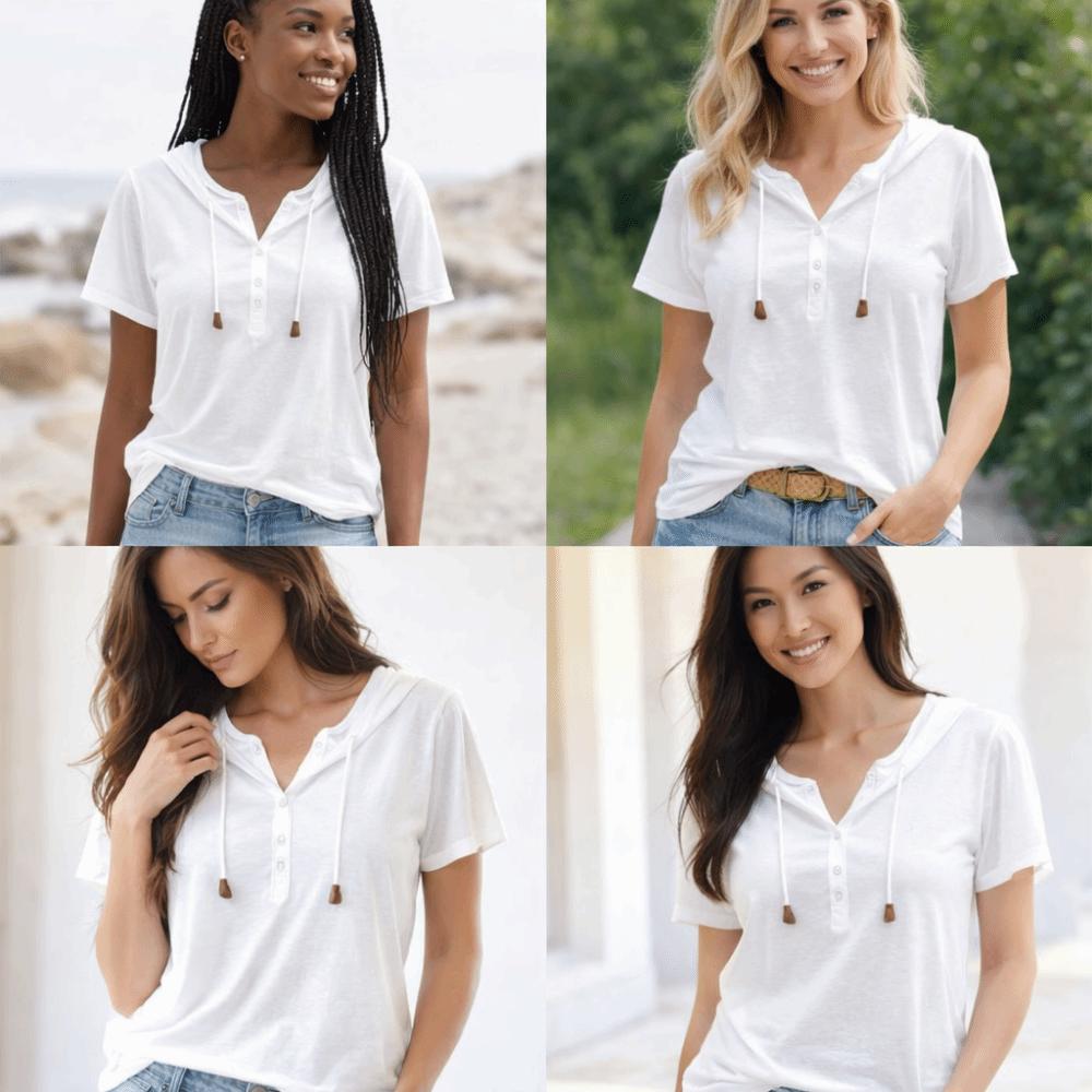 Thin Henley Shirt Hoodie Loose Fit Pullover Tops Fashion Hooded Short Sleeve T-Shirt Women