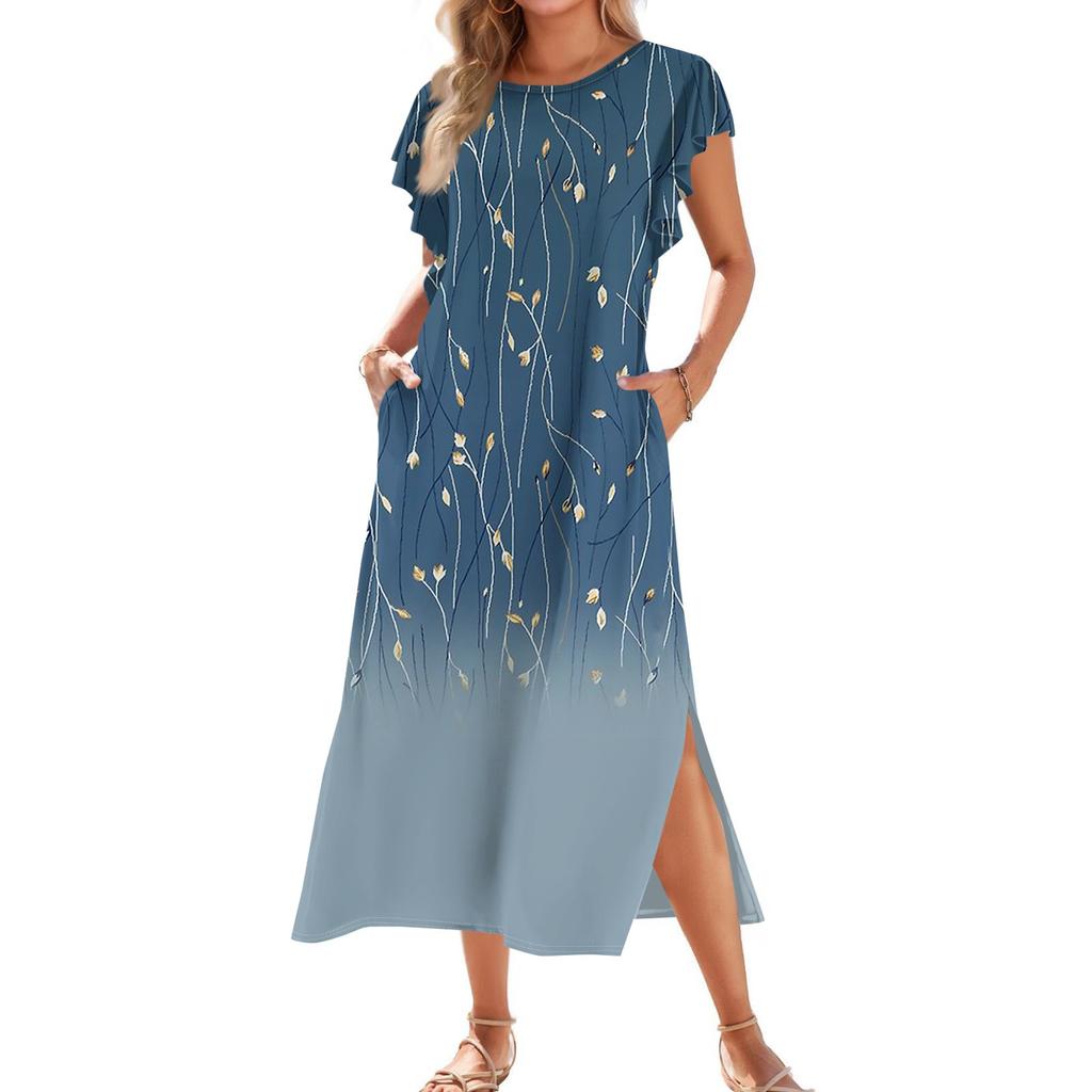 Ladies' Fashionable Summer Casual Pleated Sleeves, Loose Retro Floral Print, Short Sleeves, Round Tie, Pocket Beach Dress