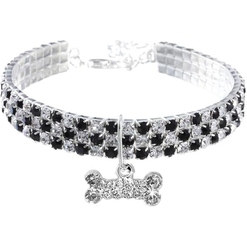 Pet Collar with Diamonds, Adjustable Crystal Diamond Elastic Bone Pendant Wedding cat and Dog Small pet Necklace Jewelry S