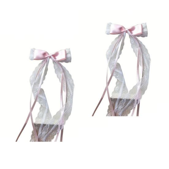 2Pcs Hairpin Embroidery Lace Pattern Ribbon Bow Hair Clip Color Matching Non-Damaging Rounded Hair Pin Hairstyle Accessory
