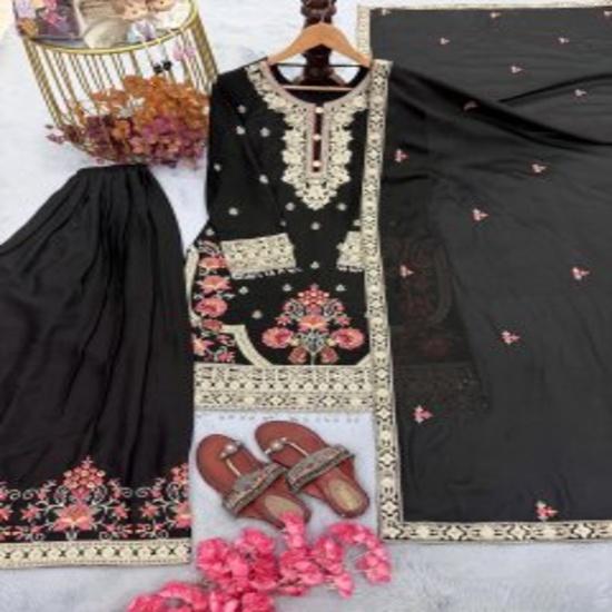 Black Silk Kashmiri Floral Embroidered Straight Kurta with Palazzo and Dupatta Set