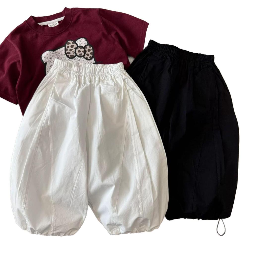 Children's Autumn Drawstring Cotton Pants - Unisex, Solid Color, Loose-Fit, Cuffed Casual Style.