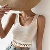 Ladies Summer Sleeveless U Collar Solid Color Casual Tassel T Shirt Vest Crop Top