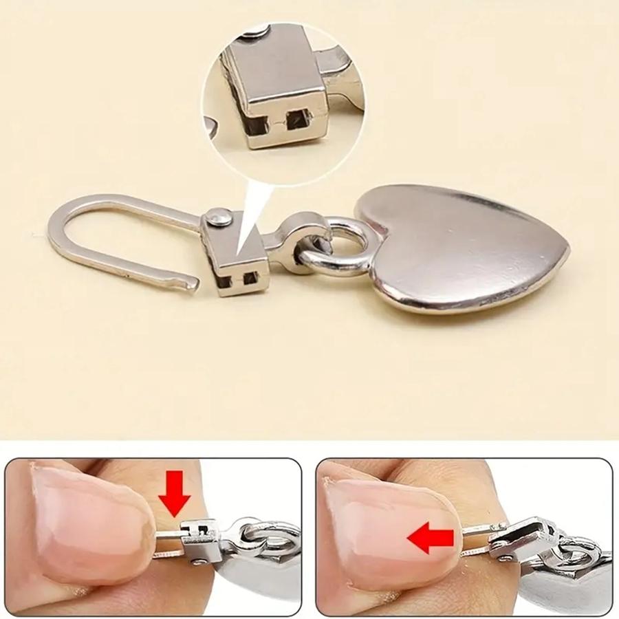 5 pçs costura zíperes extrator cabeça forma do coração destacável metal zíper slider kits de reparo para sacos mochila casaco zíper puxar guia