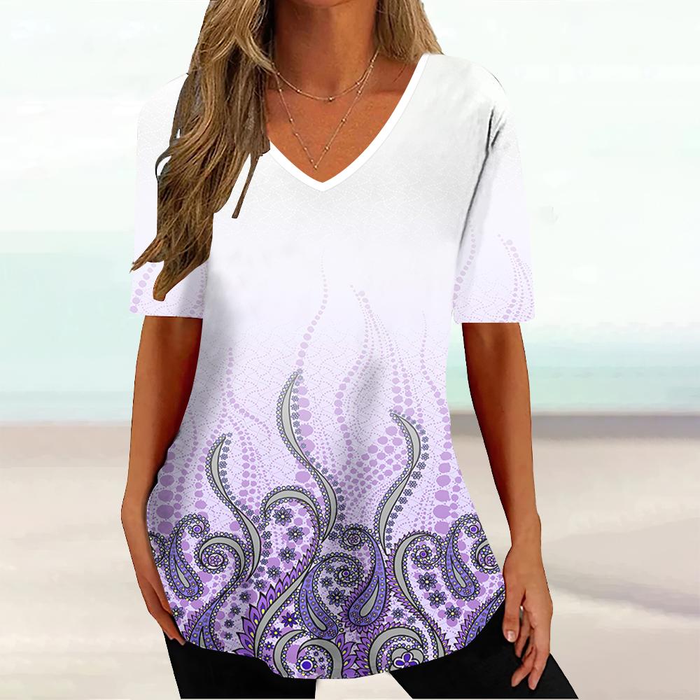 Harajuku Wind Ladies V-neck T-shirt Summer Outdoor Casual Short Sleeve Tops Retro Street Flower Print OverSize Women's Clothing