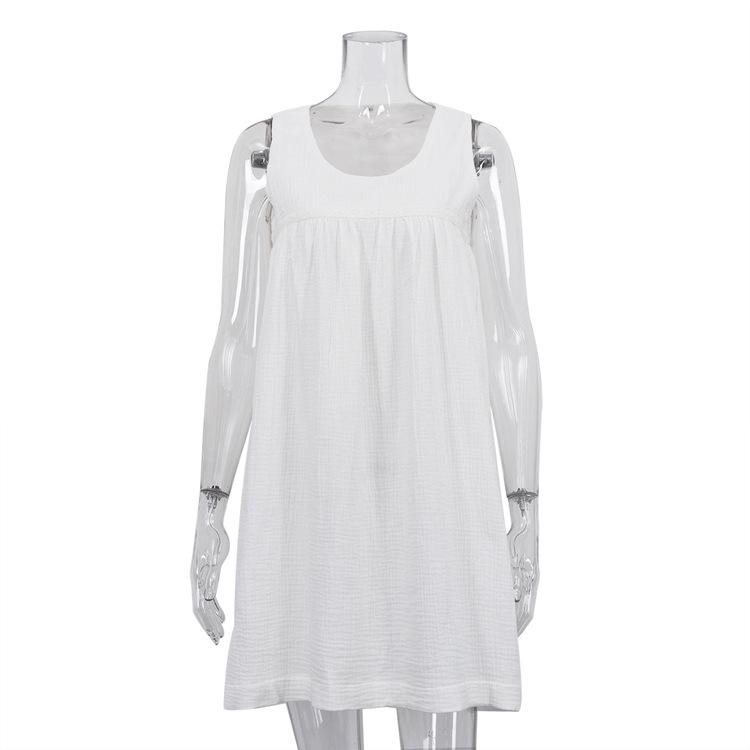 Spring New Comfortable Casual White Vest Skirt Cotton Wrinkled Cloth Sleeveless Loose Dress Women's Clothing