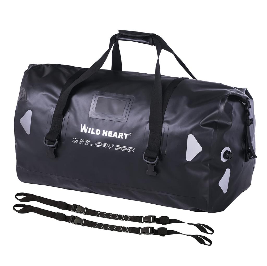 WILD HEART Waterproof Duffel 100L with Welded Seam Shoulder Straps and Binding for Motorcycle Drum Touring Seat and Outdoor Use Bag, 40L, 66L,